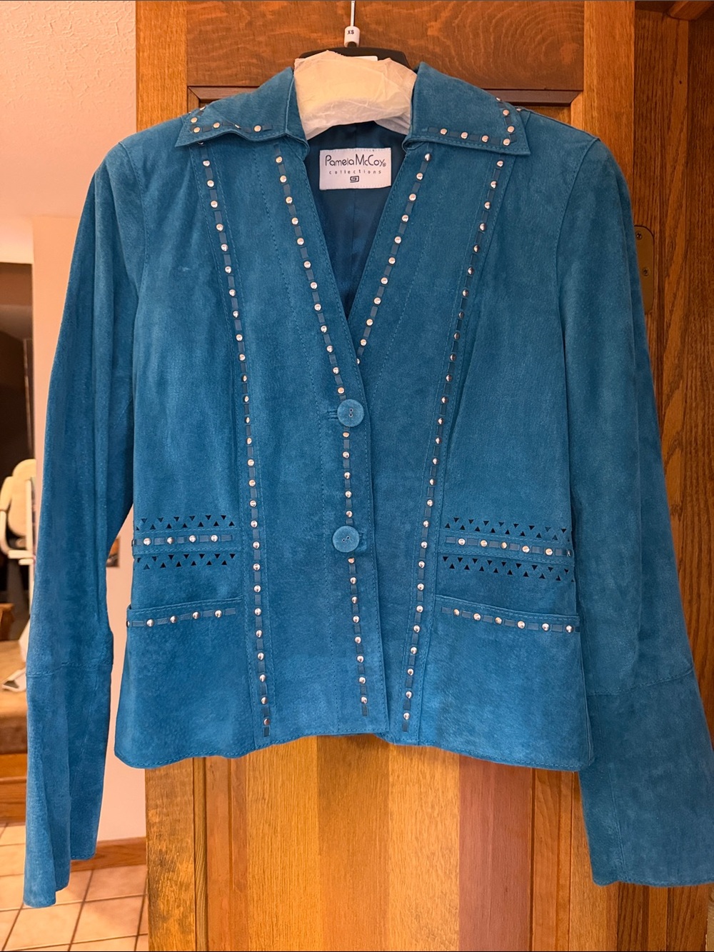 Pamela McCoy Teal Suede Studded Button-Front Jacket